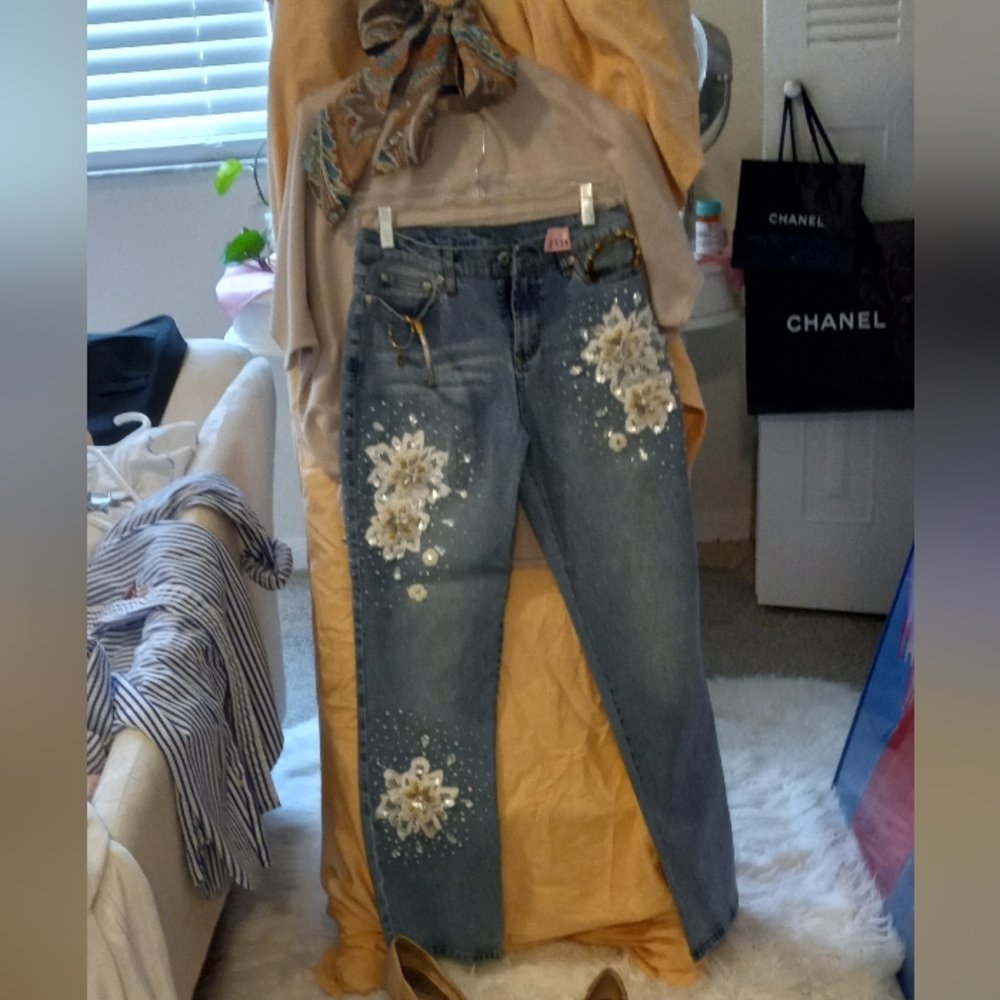 Blue Jeans With Hand Made Floral Designs